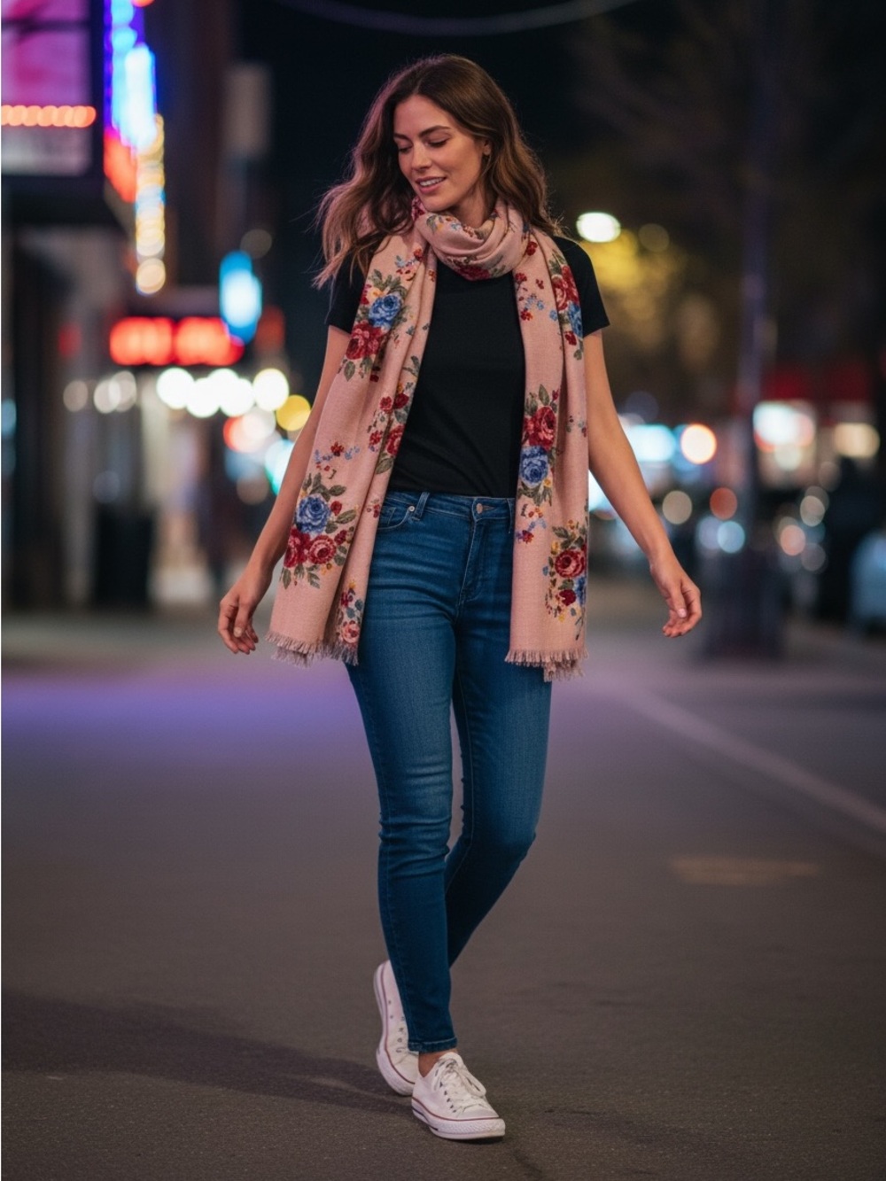 Pink flower scarf with fringe